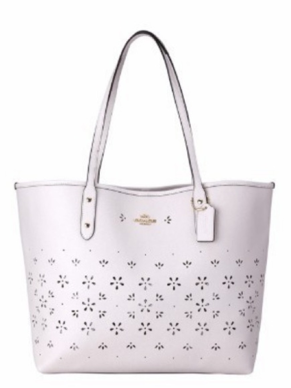 Coach White Laser-Cut Floral Tote with Gold Logo